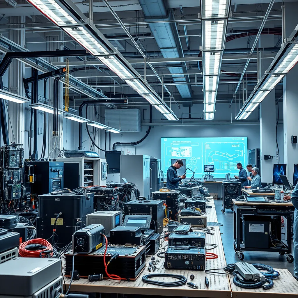 A modern workshop filled with advanced repair technologies, showcasing high-tech tools, innovative machinery, and technicians at work. The environment is bright and organized, displaying a variety of electronic devices being repaired, with blueprints and digital screens in the background.