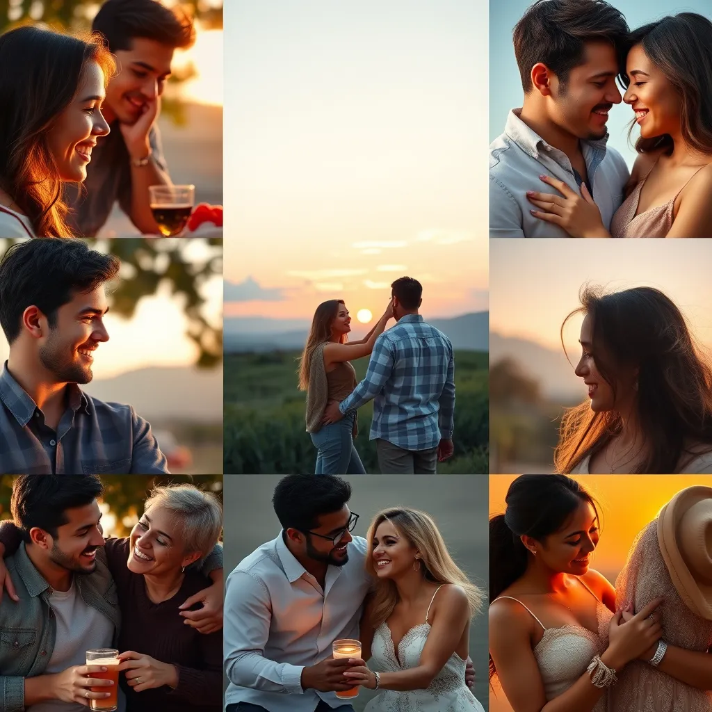 A montage of diverse couples enjoying various romantic activities, from a picnic in the park to dancing at sunset. Each couple radiates happiness and connection, surrounded by scenic backdrops that enhance the beauty of their love stories.