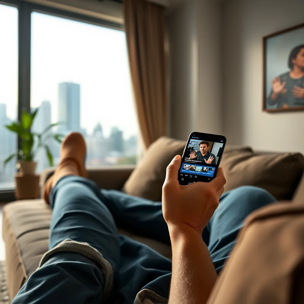 A person comfortably sitting on a couch with a smartphone in hand, watching news videos. The surroundings depict a cozy living room with a window showing a city skyline. The device screen displays a vibrant news video, illustrating instant accessibility.