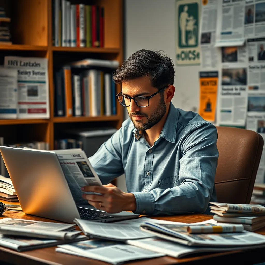 A person sitting at a desk, reviewing news articles on a laptop, surrounded by various credible news sources like newspapers and magazines. The background features a bookshelf with educational materials. The person appears focused and analytical.
