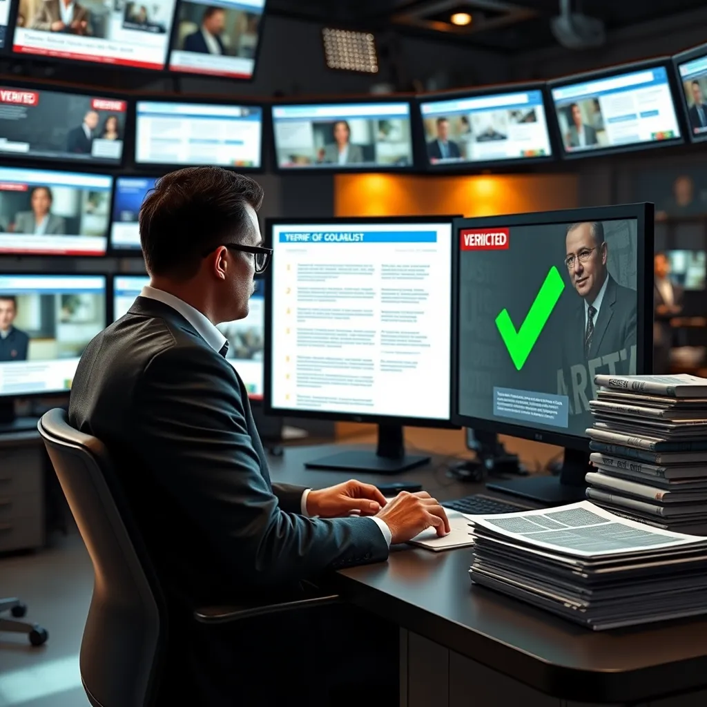 A person sitting at a desk with multiple screens displaying news stories, a checklist on the desk, and a prominent green checkmark on one screen. The background includes a coach supervising and a stack of verified articles.