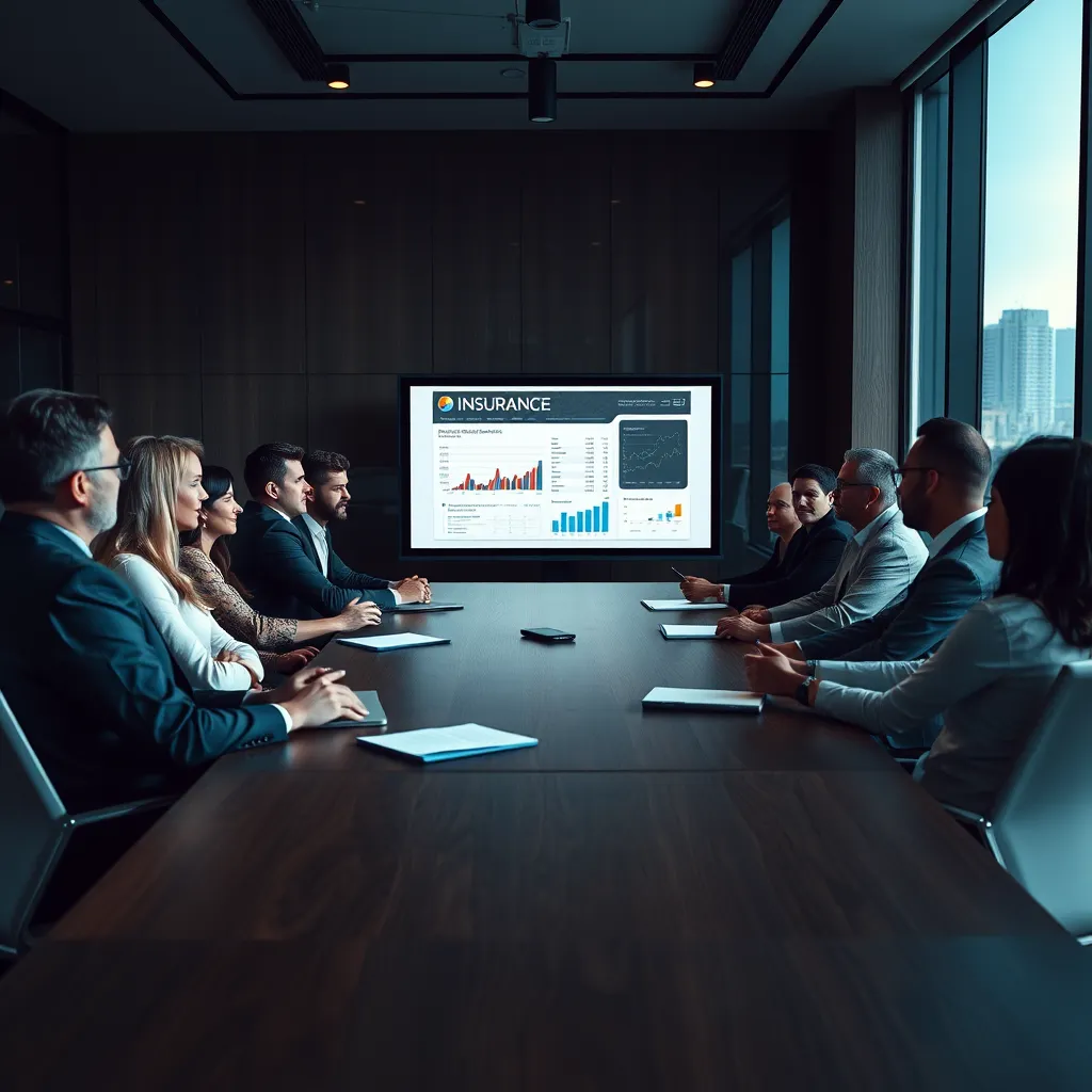A photograph of a group of professionals gathered around a large table in a modern conference room, analyzing insurance data displayed on a projector screen. The lighting is dramatic side lighting, creating deep shadows and highlighting the seriousness of their discussion. The color palette features dark blues, whites, and metallic grays, reflecting a corporate environment. The composition focuses on the team, with notepads and digital devices scattered on the table. The camera captures the scene from a low angle to emphasize the engaged expressions of the participants. The texture of the wooden table and the sleek modern furniture surround them adds depth to the image. In the background, a large glass window shows a cityscape, suggesting a bustling urban setting. The image is hyperrealistic, featuring all the intricate details of facial expressions and materials, and is in ultra-high definition (8K resolution).