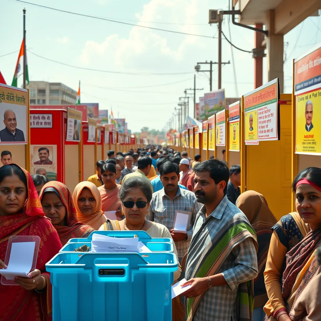 A photorealistic depiction of a bustling Indian election scene, featuring diverse voters casting their ballots at colorful polling booths, with political campaign posters in the background, under a bright sky. Include various age groups and ethnicities to showcase India's diversity.