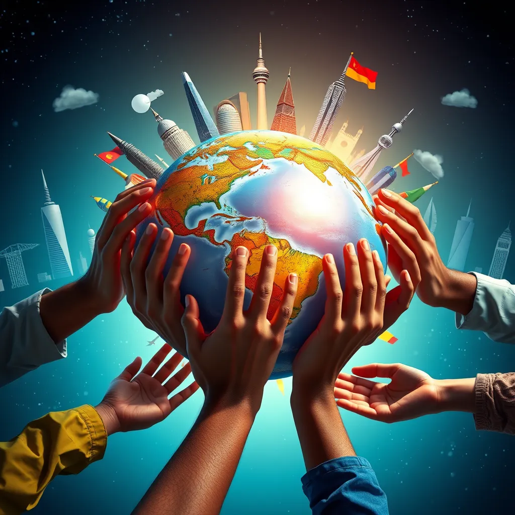 A photorealistic image depicting a globe surrounded by interconnected hands representing diverse cultures and economies, with various international landmarks in the background, showcasing the complexity and breadth of globalization. The setting is vibrant and colorful, symbolizing unity in diversity.