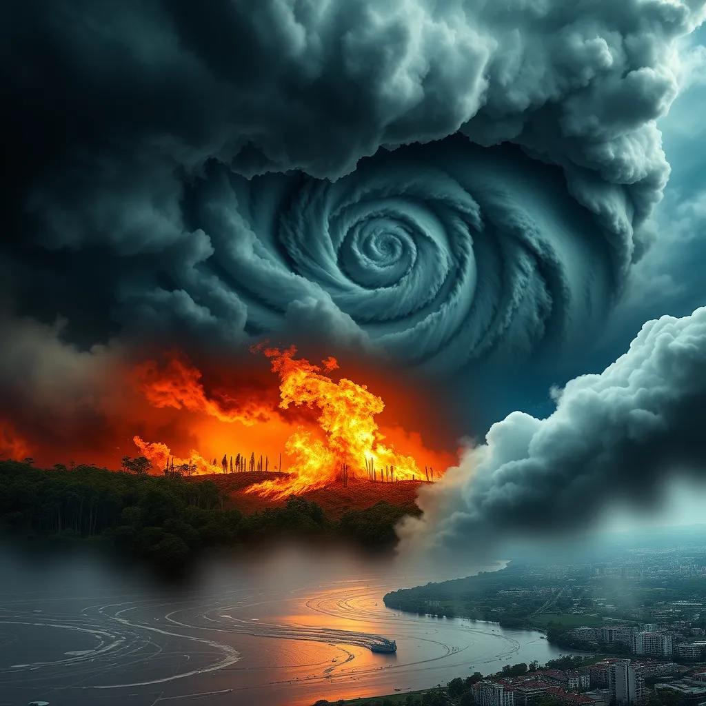 A photorealistic image depicting extreme weather events like hurricanes and wildfires, showcasing the impacts of climate change. Include dark storm clouds, a blazing fire in a forest, and flooding in a city, emphasizing urgency and concern for the environment.