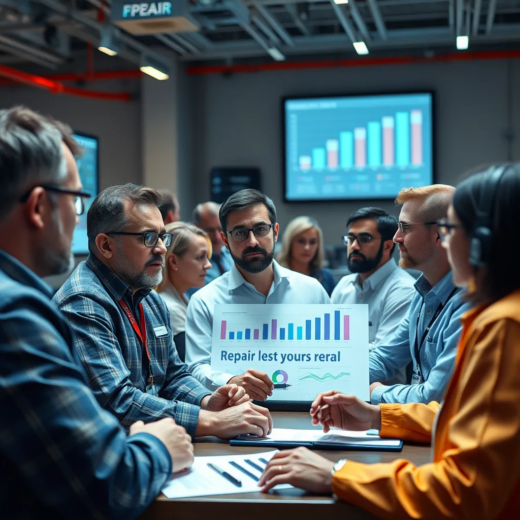 A photorealistic image featuring a diverse group of professionals in a conference setting, engaged in discussions about repair industry trends. Include charts, digital displays showing technology data, and a dynamic atmosphere that reflects innovation and collaboration.
