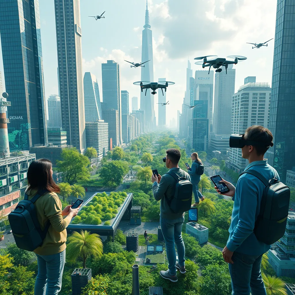 A photorealistic image illustrating a futuristic cityscape with diverse people using various technologies like virtual reality, drones, and smart devices. The setting includes green spaces amid digital interfaces, symbolizing the balance between technology and nature in modern society.