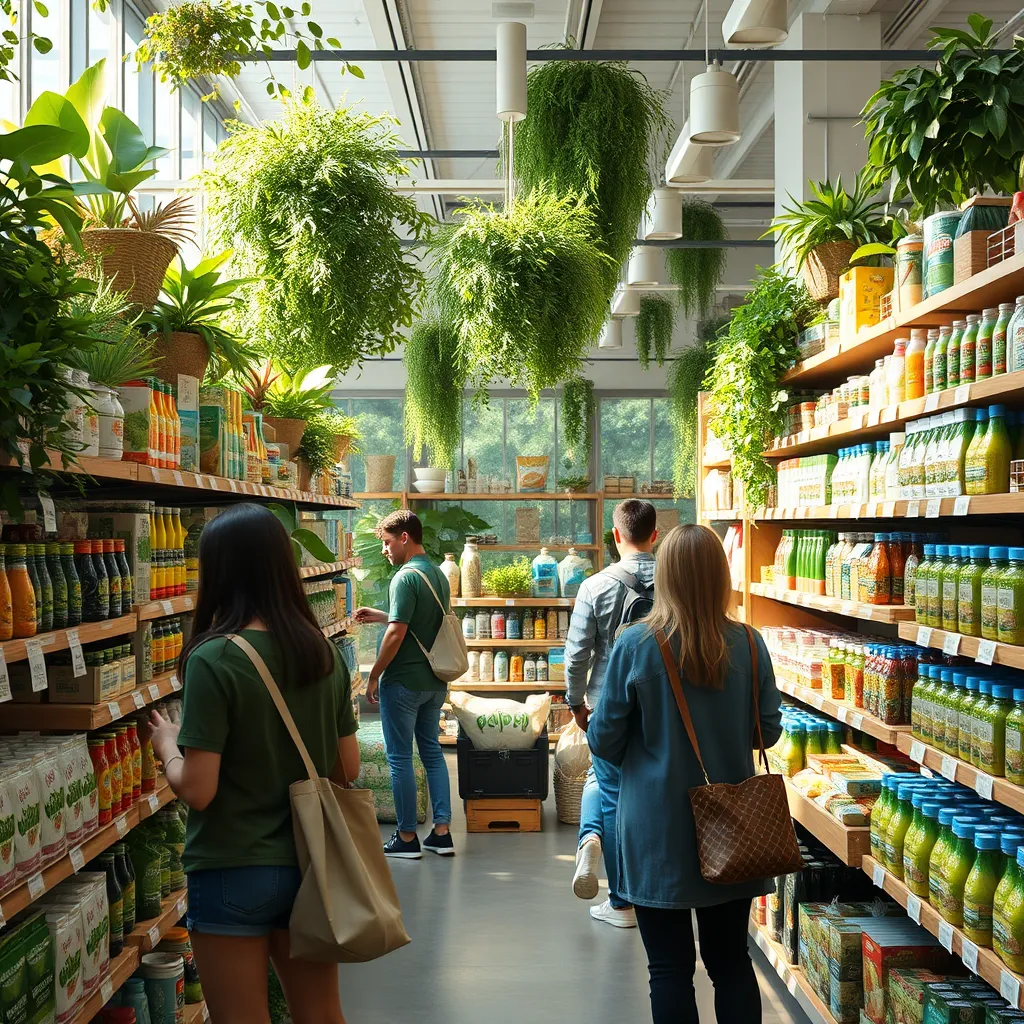 A photorealistic image illustrating a vibrant eco-friendly store filled with sustainable products, featuring shoppers examining eco-friendly packaging and brands, surrounded by greenery and natural light, representing a commitment to sustainability in everyday purchasing.
