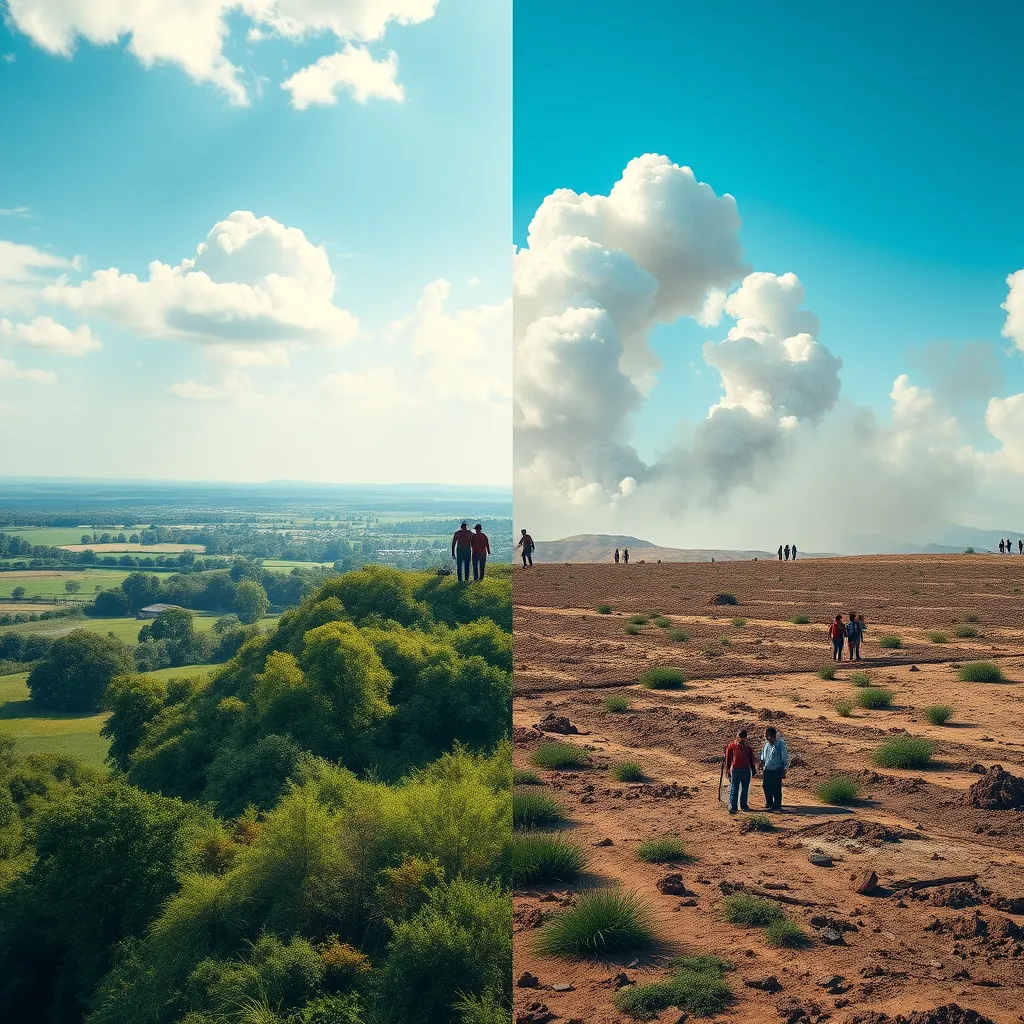 A photorealistic image of a contrasting landscape showing one side with flourishing greenery and blue skies, and the other side depicting barren land and a smoky, polluted sky. The image conveys the stark contrast and urgency of the climate change crisis, with people engaging in conservation efforts on the green side.