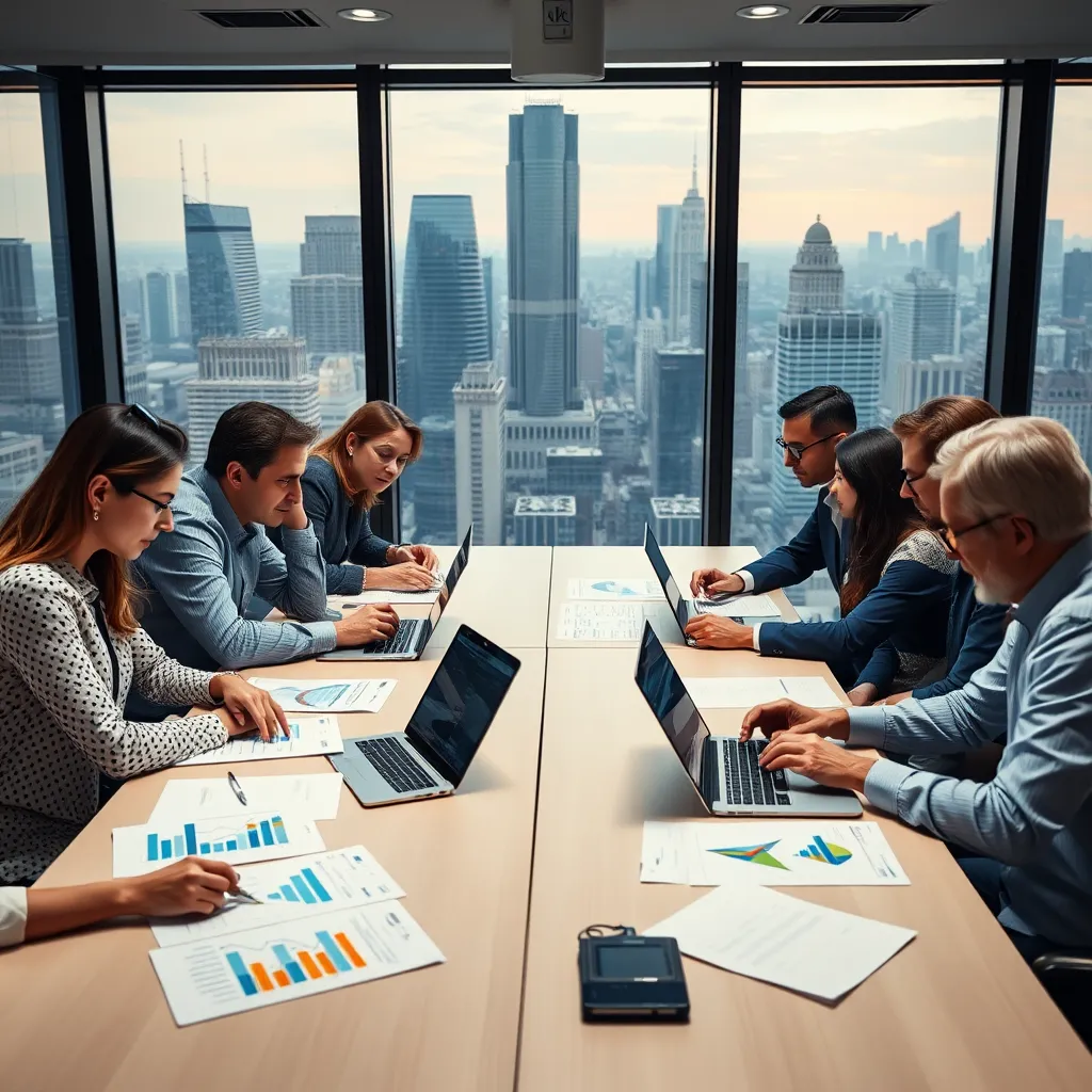 A photorealistic image of a diverse group of property investors gathered around a large table, analyzing charts and market data on laptops and papers, with a city skyline view through a window in the background, emphasizing collaborative research.
