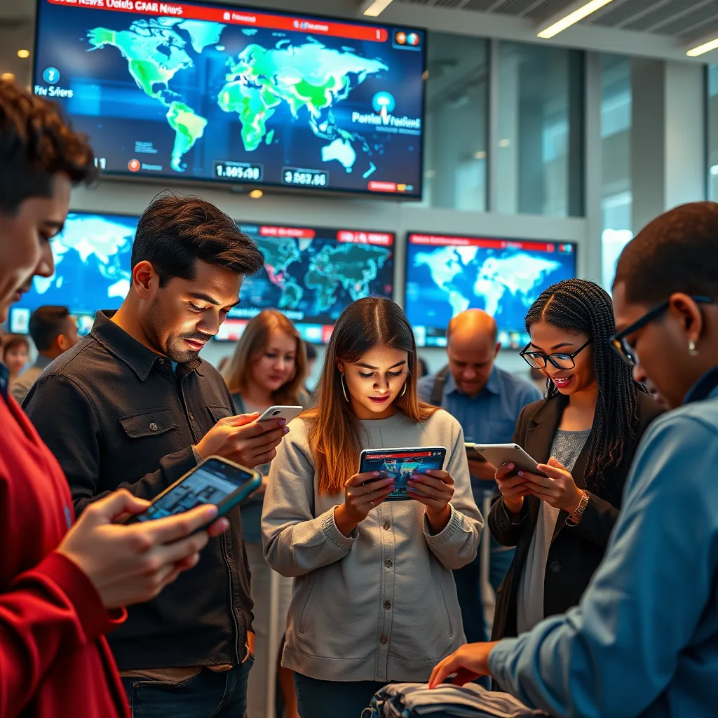 A photorealistic image of a diverse group of people reading news on various devices (smartphone, tablet, laptop) in a modern, bright setting. The background should feature world maps and news headlines displayed on screens, showcasing a sense of global connectivity.