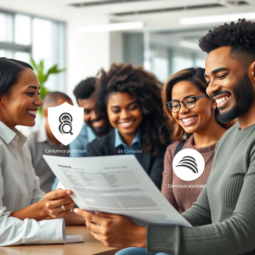 A photorealistic image of a diverse group of people smiling while reviewing insurance policy documents, surrounded by visual representations of key consumer protections like a shield symbol, a magnifying glass, and clear communication lines, in a bright and welcoming office setting.