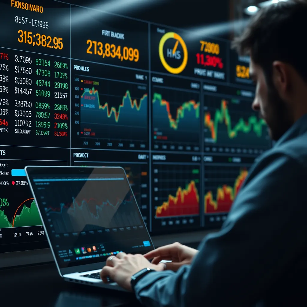 A photorealistic image of a digital dashboard displaying fluctuating prices of various products, combined with graphs and charts indicating market trends. Include a person analyzing this data with a laptop, showcasing a sense of urgency and awareness.