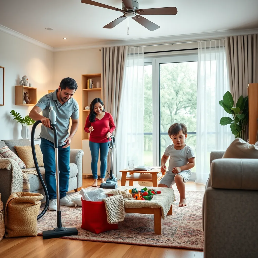 A photorealistic image of a family in a cozy and well-organized living room, engaging in cleaning activities. One person uses a vacuum cleaner, another wipes down surfaces with disinfectant wipes, and a child helps by putting away toys. The family looks happy and healthy. The image should convey a sense of cleanliness and wellbeing.