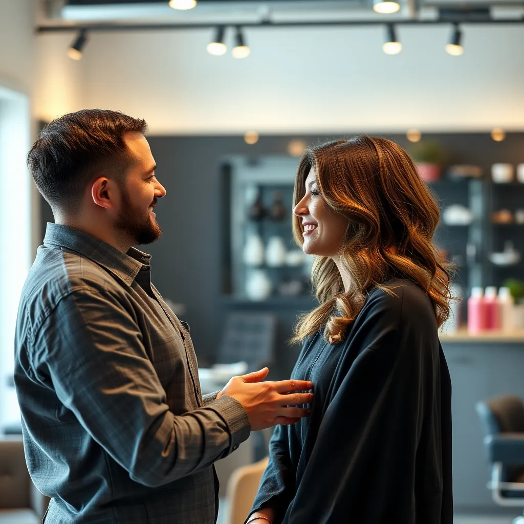 A photorealistic image of a hairstylist warmly conversing with a client during a consultation. The atmosphere should be comfortable and professional, with both parties engaging in a positive and attentive manner. The background should show a well-organized and modern salon setting.