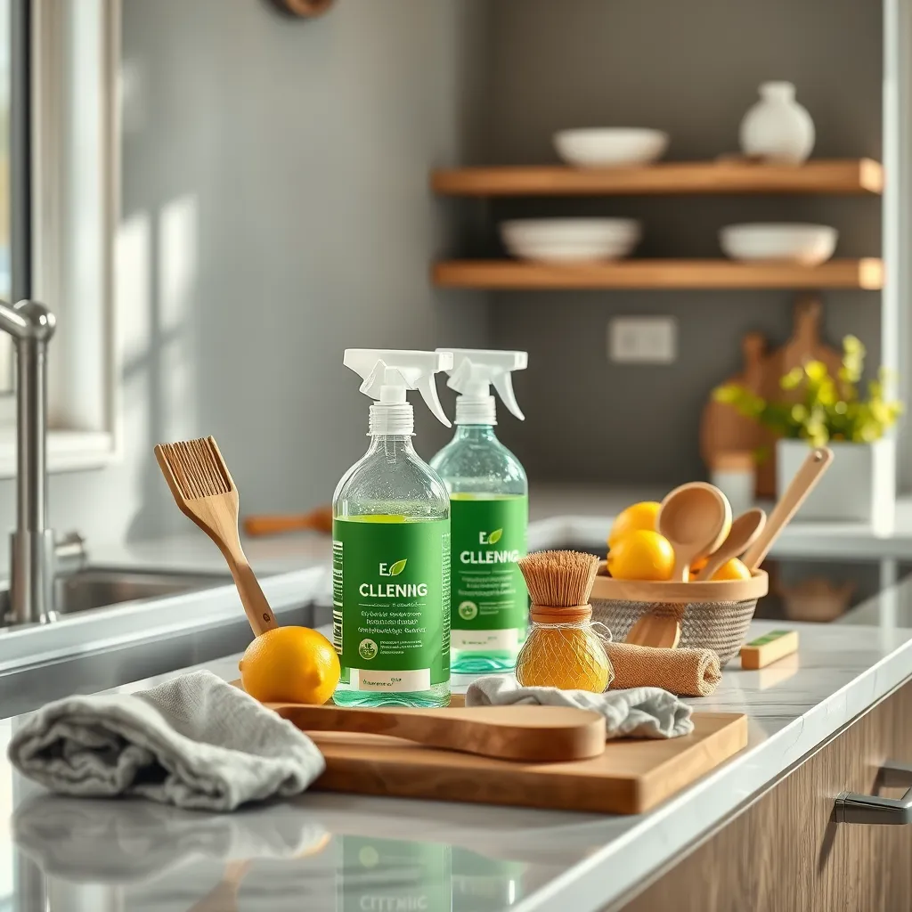 A photorealistic image of a modern kitchen being cleaned using eco-friendly products. On the counter, there are spray bottles with green labels, wooden brushes, reusable cloths, and natural ingredients like lemons and baking soda. The image should have a bright and clean appearance, emphasizing sustainability and cleanliness.
