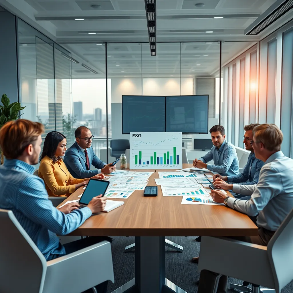 A photorealistic image of a modern office setting with financial analysts discussing investment strategies around a conference table, showcasing charts and graphs on sustainable investments, emphasizing ESG factors in an engaging and professional atmosphere.