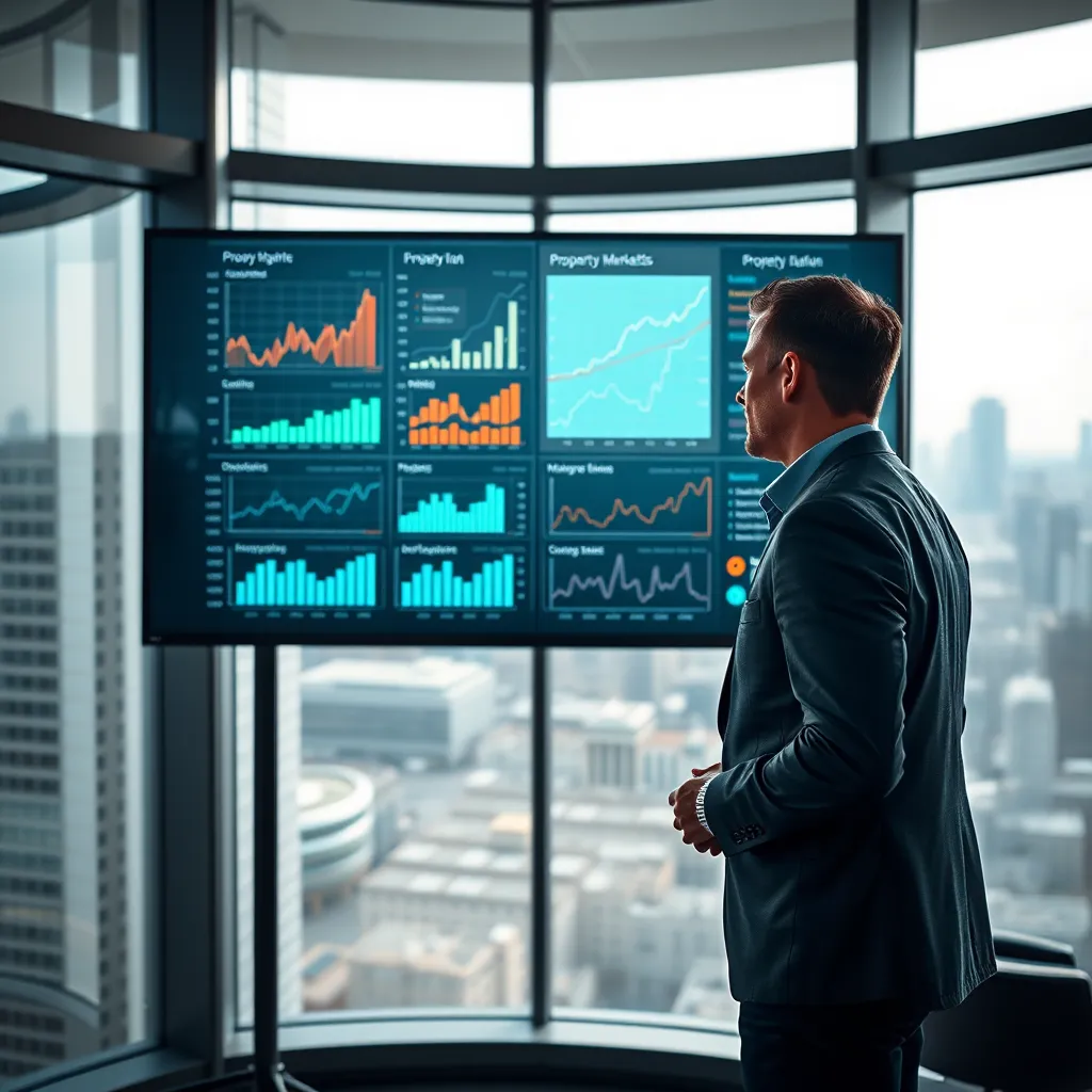 A photorealistic image of a professional analyst standing in front of a digital screen displaying dynamic graphs and charts related to the property market. The setting is a modern office with views of a cityscape through large windows.