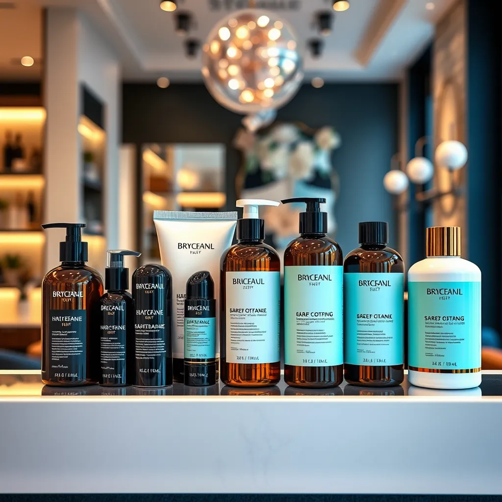A photorealistic image of a selection of stylishly displayed hair care products on a salon shelf. The products should have modern, elegant packaging with visible branding, and the background should feature a chic, inviting salon interior.