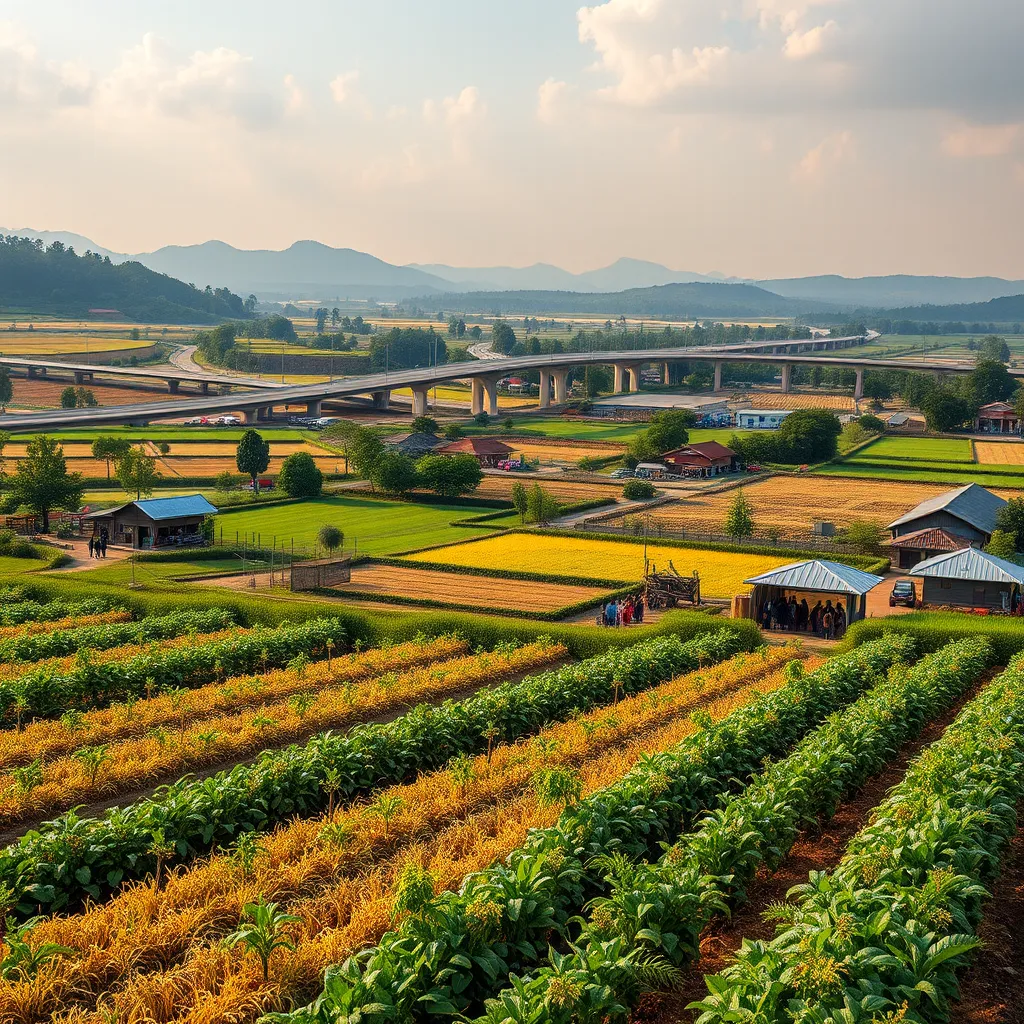 A picturesque rural landscape featuring a vibrant farm with crops ready for harvest, a community gathering around a newly built market, and infrastructure projects like roads and bridges in the background, symbolizing economic growth and community development.