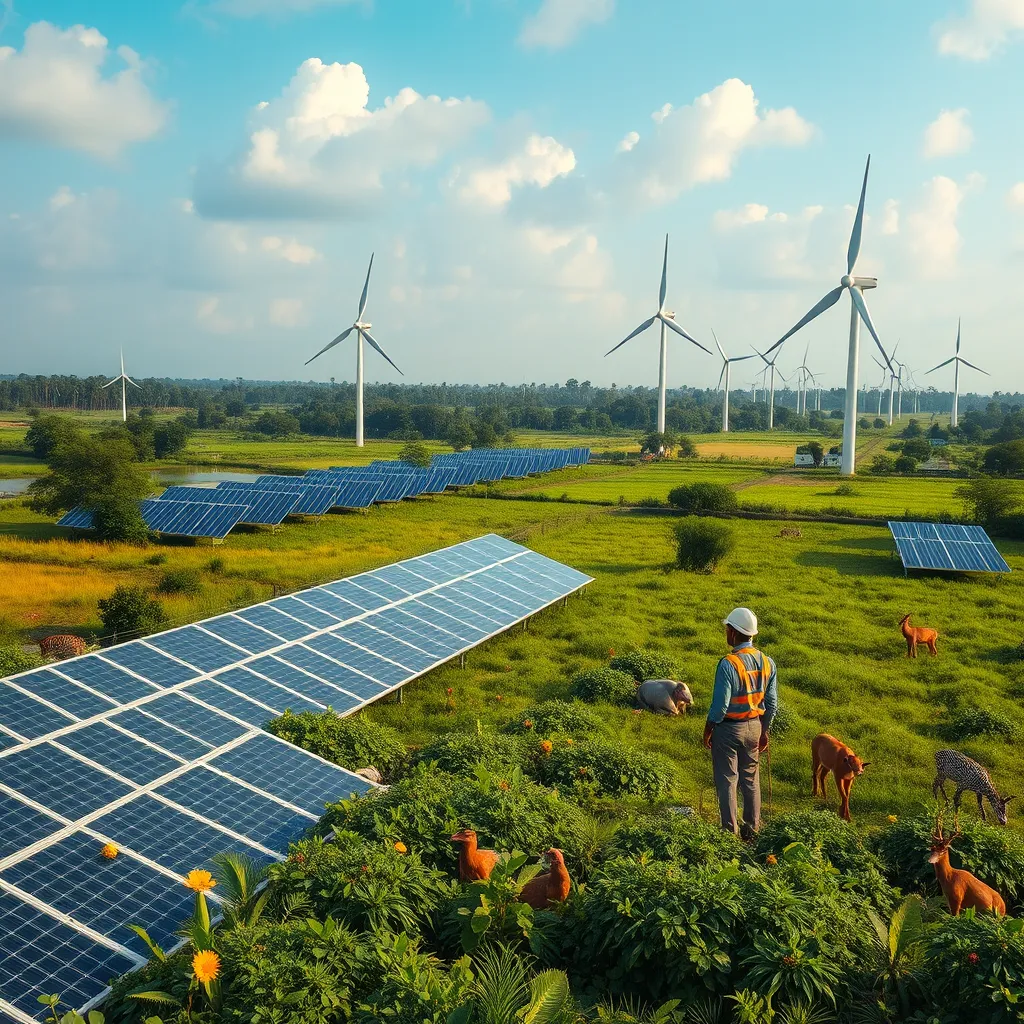 A picturesque scene of solar panels and wind turbines in a green landscape in India. Depict local flora and wildlife, along with engineers inspecting the renewable energy facilities, symbolizing India's commitment to a sustainable future amidst urban and rural settings.