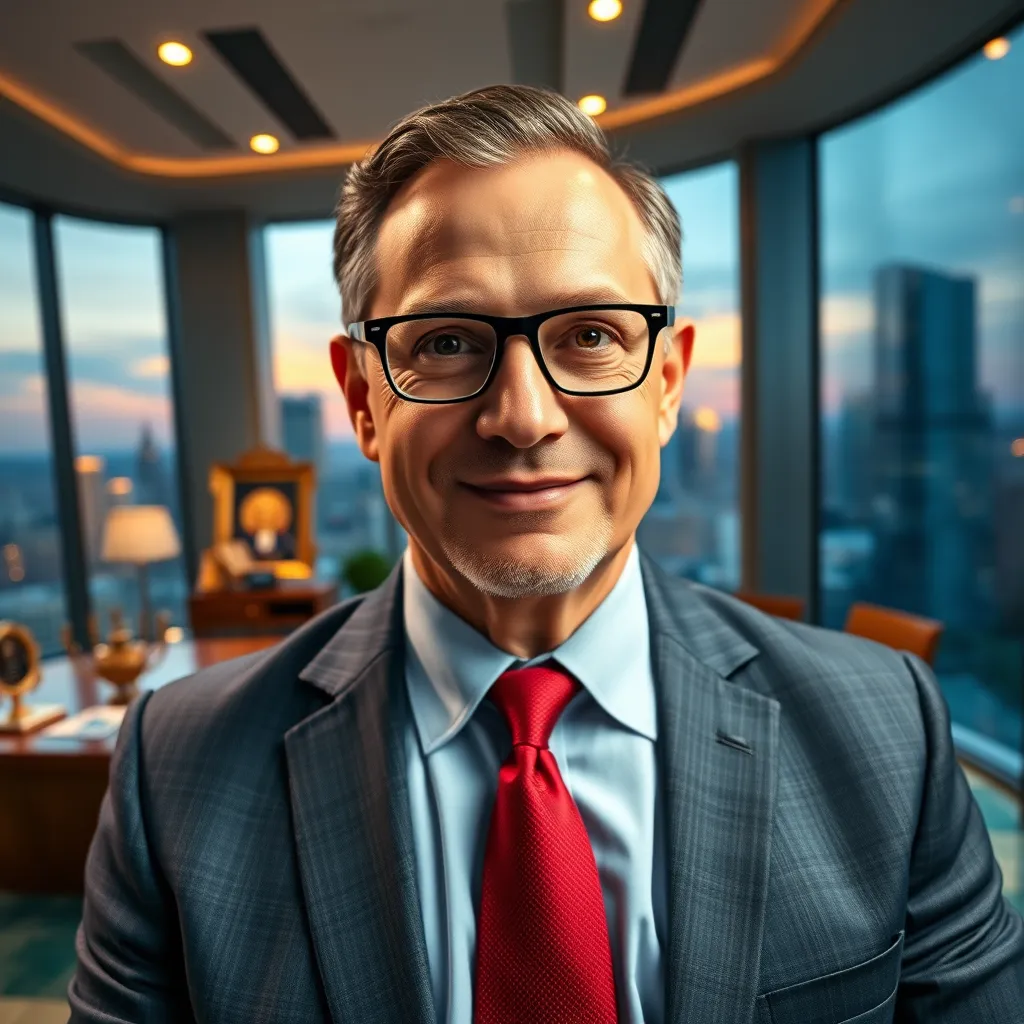 A portrait of a distinguished university alumnus in a modern office, exuding professionalism and success. The office, with large windows, showcases a breathtaking city skyline, bathed in the warm glow of evening light. The color palette consists of rich blues and golds, creating a sophisticated mood. The camera angle is an eye-level shot that captures the subject’s facial expressions and demeanor while ensuring the surroundings are elegantly framed. Textures include polished wooden furniture and sleek metallic accents, emphasizing a successful career. Subtle details like awards and photographs in the background provide context about their journey. The final image should be ultra-detailed, 8K resolution, reflecting the subject’s accomplishments in a sharp, lifelike manner, reminiscent of fashion and lifestyle photography.