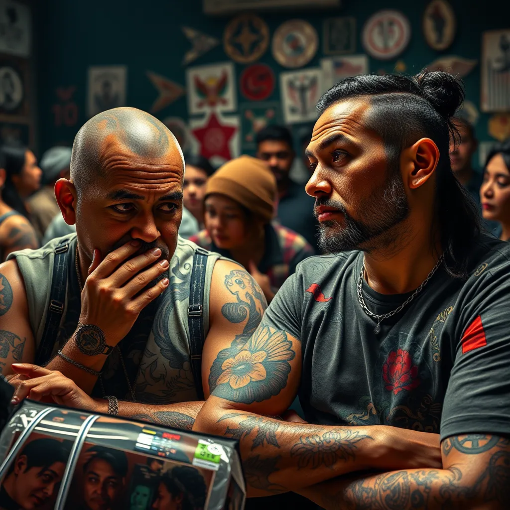 A powerful image depicting two tattoo artists, one showing cultural designs with a respectful expression, while the other artist looks contemplative, surrounded by various cultural tattoo symbols. A backdrop of diverse community members discussing and sharing their perspectives creates a dynamic atmosphere.