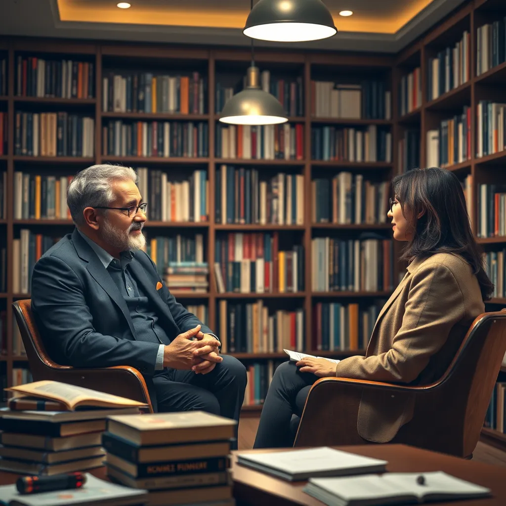 A professional-looking interview scene with an educational expert answering questions in a cozy, well-lit setting, surrounded by bookshelves filled with educational literature. The atmosphere should convey a sense of knowledge sharing and thoughtful discussion.
