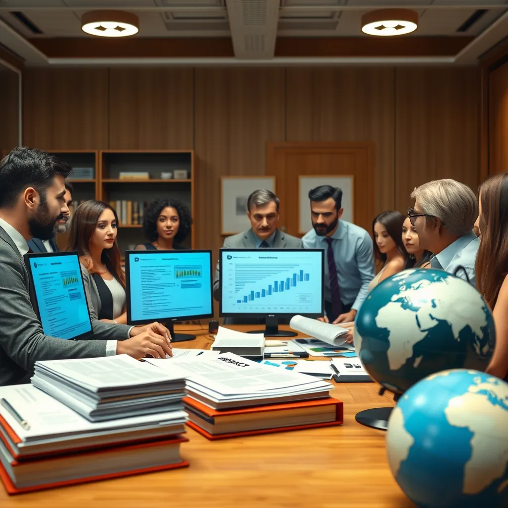 A professional-looking legal office environment, with a diverse group of people discussing regulatory documents and charts. Include elements like computers displaying legal texts, stacks of files labeled 'Data Privacy', and a globe to signify international regulations.