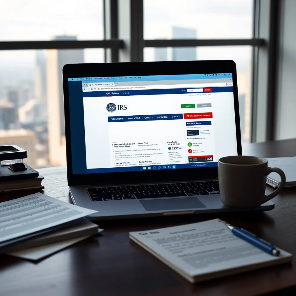 A professional-looking office desk with a laptop displaying the IRS website, surrounded by tax documents, a cup of coffee, and a notepad with handwritten notes. The background shows a window with a view of a city skyline, symbolizing a workspace focused on tax updates.