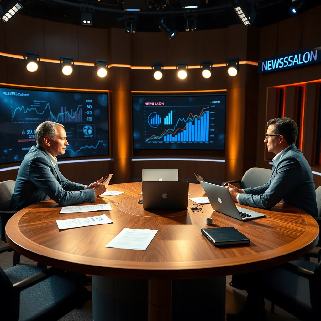 A professional studio setup with a large round table, where three experts are seated, engaged in deep discussion. Each expert has a laptop and paper notes in front of them. The lighting is bright yet soft, focusing on the faces of the experts with a warm, inviting glow. The color palette includes rich earth tones with contrasting highlights of blue and white. The camera angle is a dynamic mid-shot, focusing slightly above eye level to capture expressions and interaction. Textures include the polished wood of the table, the sleekness of the laptops, and the crisp texture of the printed materials. Background elements feature a digital screen displaying analytical graphs and charts, with subtle NEWS SALON branding. The style is hyperrealistic, ultra-detailed, and in 8K resolution, making every visual element stand out vividly.
