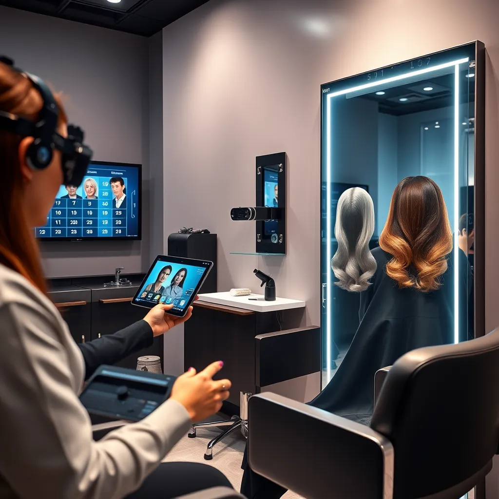 A salon featuring a high-tech setup with a stylist conducting a virtual consultation on a tablet, a digital scheduling screen on the wall, and an augmented reality mirror showing different hairstyles on a client's reflection.