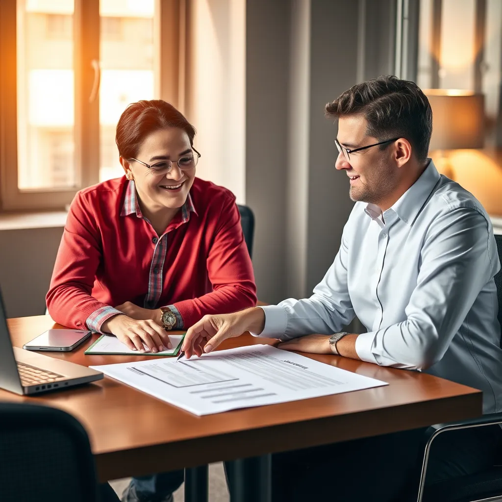 A scene depicting a friendly meeting between a taxpayer and a tax advisor in a well-lit office. The advisor is pointing to a document filled with tax strategies on the table, creating an atmosphere of collaboration and professionalism.
