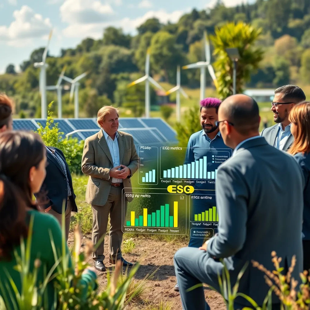 A scenic outdoor setting with a diverse group of professionals discussing ESG investments. They are surrounded by nature—solar panels, wind turbines, and community projects. In the foreground, a digital display shows ESG metrics and charts highlighting sustainable investments.