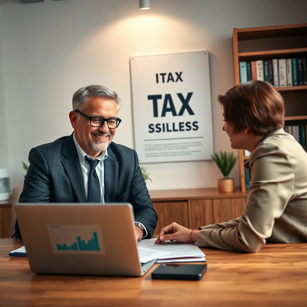 A seasoned tax advisor in a modern office, discussing documents with a client. The advisor is a middle-aged professional in smart attire, warmly gesturing towards a laptop displaying charts. Soft diffused lighting illuminates the space, creating a welcoming atmosphere. A palette of browns and greens enhances the calm mood. The camera angle is slightly above eye level, focusing on the interaction between advisor and client, while capturing the contemporary office décor with wooden shelves filled with tax-related books. The texture of the wooden desk contrasts with the sleek, glossy finish of the laptop. Behind them, an inspirational tax-themed poster can be seen. The image should have hyperrealistic details and be rendered in 8K resolution.
