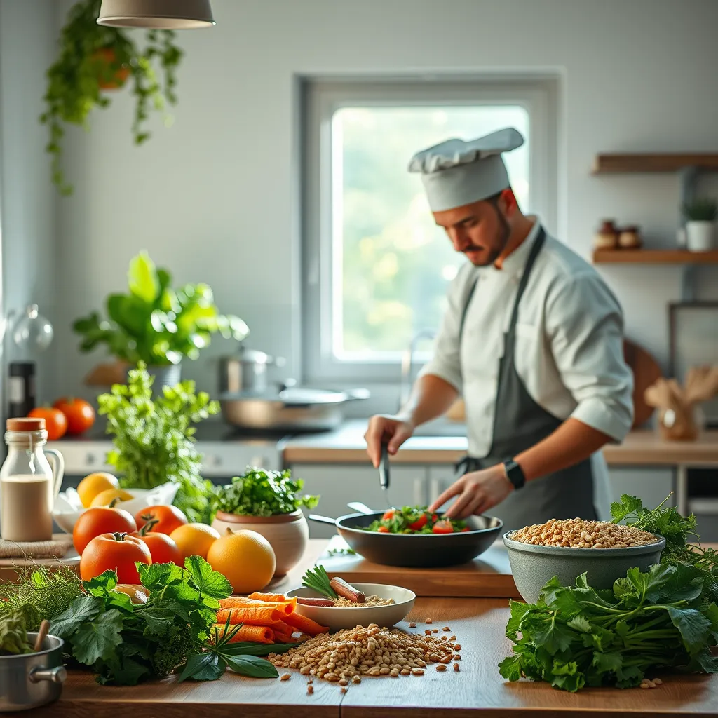 A serene kitchen scene showcasing a chef preparing a dish using seasonal, locally sourced ingredients. The countertop is adorned with fresh vegetables, herbs, and grains, emphasizing an eco-friendly cooking environment, with natural light filtering through a window.