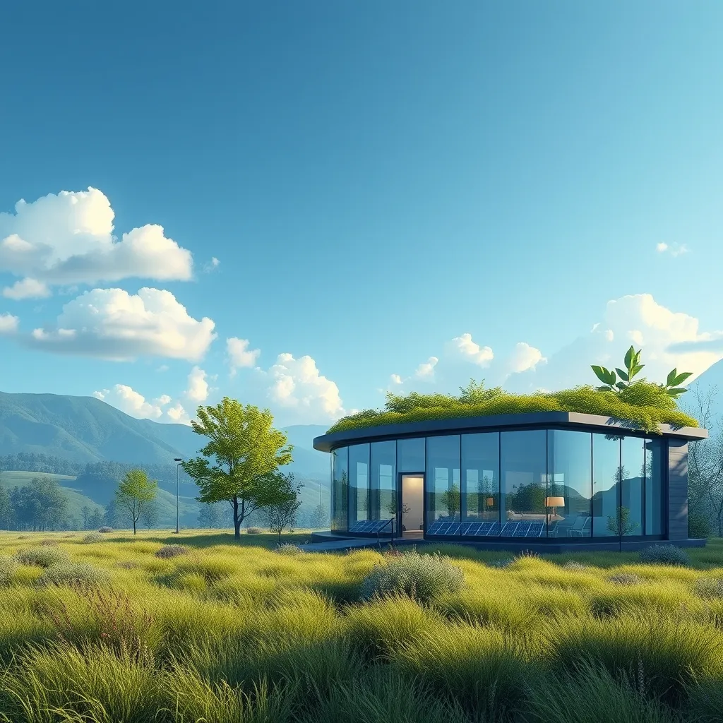 A serene landscape with a contrasting image of an insurance office that highlights green initiatives, such as solar panels and greenery. The scene should exude harmony between business and nature, emphasizing sustainability in modern insurance.