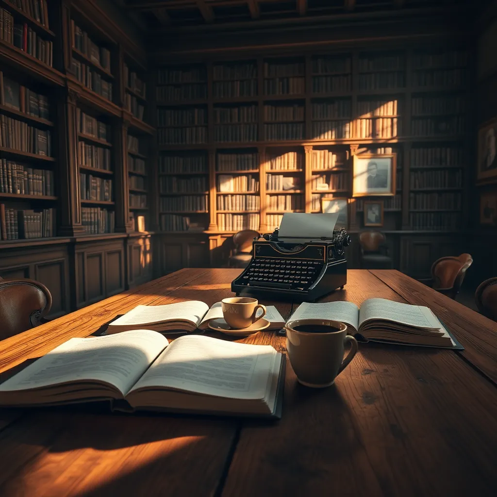 A serene library setting with a cozy atmosphere. The composition features a large oak table with open books, a vintage typewriter, and a cup of steaming coffee. Dramatic side lighting casts soft shadows, enhancing the warmth of the rich wood tones and golden hues from the afternoon sun. The camera angle is slightly above the table for an inviting perspective. Textures of aged leather, paper, and polished wood create a tactile experience. Environmental elements include shelves filled with books in the background and framed photos on the walls. Style references include the warm, inviting compositions of Edward Hopper. Technical specifications: 8K resolution, hyperrealistic, ultra-detailed.