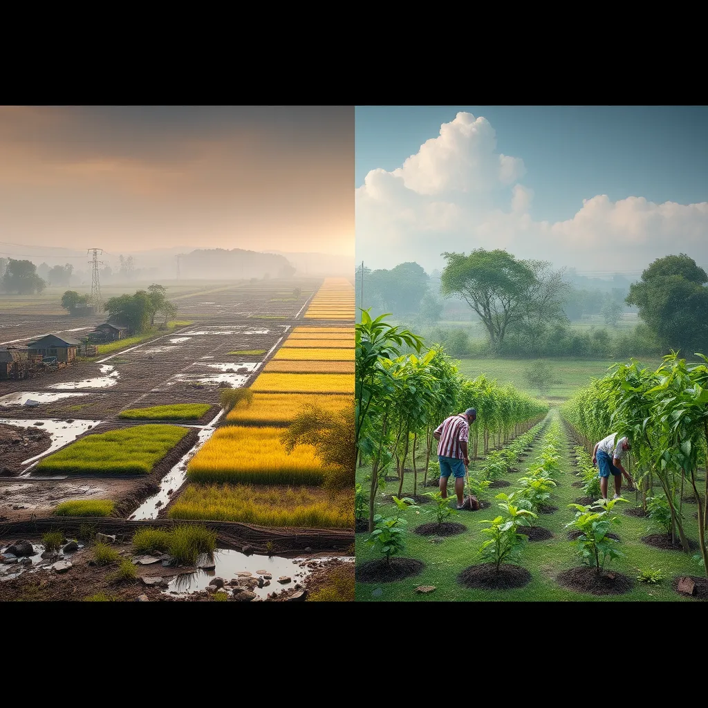 A serene rural environment depicting a before-and-after scenario of environmental restoration, with one side showing polluted land and the other transformed into lush greenery with people planting trees, highlighting community efforts and successful environmental initiatives.