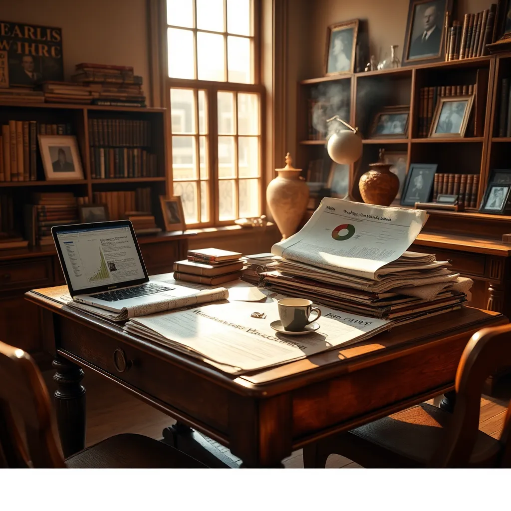 A serene workspace, featuring an antique wooden desk cluttered with open newspapers, a laptop displaying detailed charts, and a steaming cup of coffee. The room is bathed in warm, golden light from a nearby window, casting intriguing shadows. The color palette consists of rich browns and soft beige tones, promoting a calm and thoughtful atmosphere. The camera is positioned at a slightly elevated angle, capturing the organized chaos of information. Textures of wood grain and paper enhance the tactile quality of the scene. Background elements include bookshelves filled with literary works and framed photographs, offering context to the depth of reporting. This composition reflects professionalism and dedication to journalism in the style of classic editorial photography. Created in 8K resolution for superb clarity, emphasizing every detail.