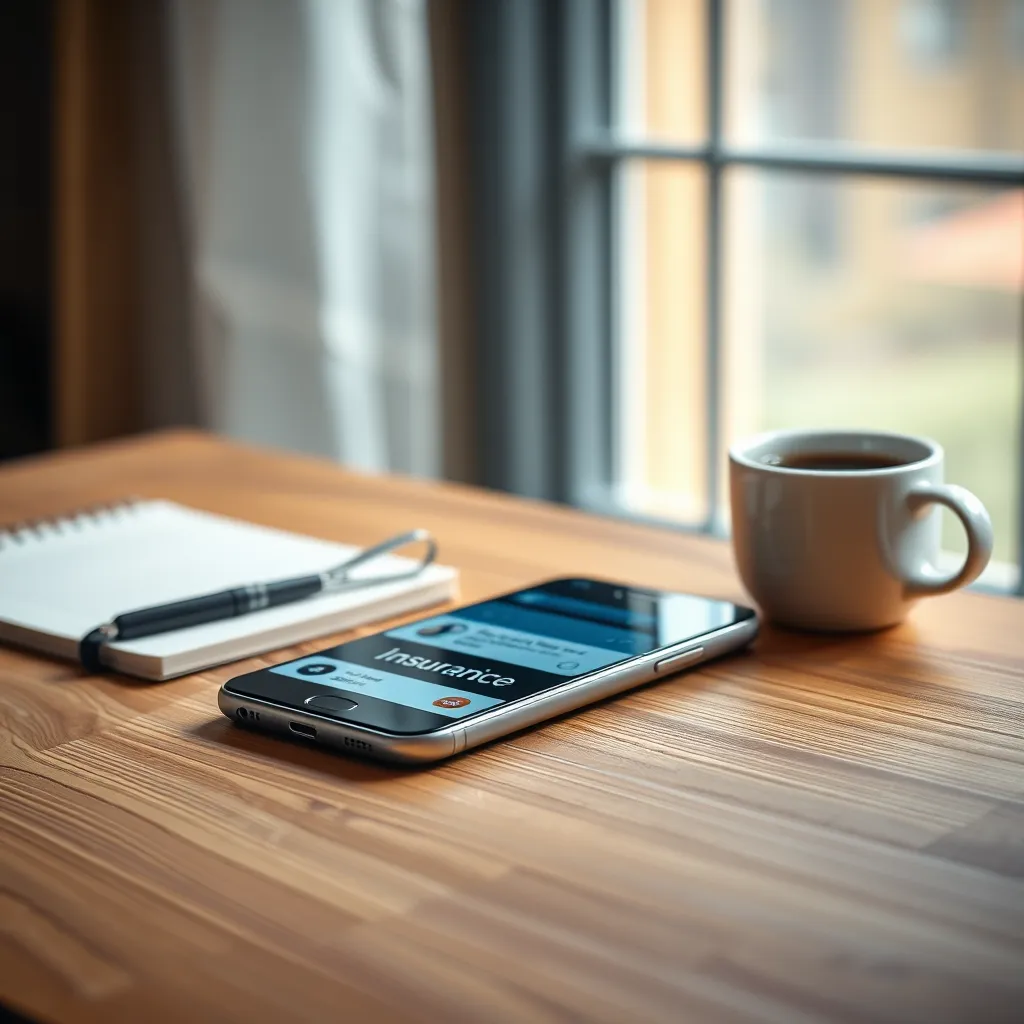 A sleek, modern smartphone displaying live insurance news updates on its screen. The phone is placed on a wooden desk with a notepad and a cup of coffee beside it. Soft diffused lighting illuminates the scene, creating a cozy and productive atmosphere. The color palette includes warm browns and cool blues, evoking a sense of trust and calm. The image is taken from a slightly elevated angle, providing a clear view of the phone's screen and the surrounding props. The texture of the wooden desk contrasts beautifully with the smooth glass of the smartphone. The background features a blurred window with soft daylight filtering through, enhancing the inviting ambiance. Hyperrealistic details capture the reflections on the phone's screen and the steam rising from the coffee cup. The image is in 8K resolution, ensuring an ultra-detailed and lifelike representation.