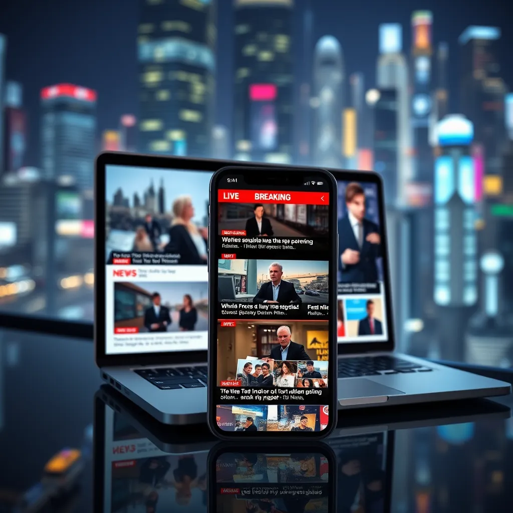 A smartphone and laptop displaying live news feeds with video thumbnails of breaking stories. The background shows a bustling cityscape, hinting at the fast-paced world outside, emphasizing the immediacy of news delivery.
