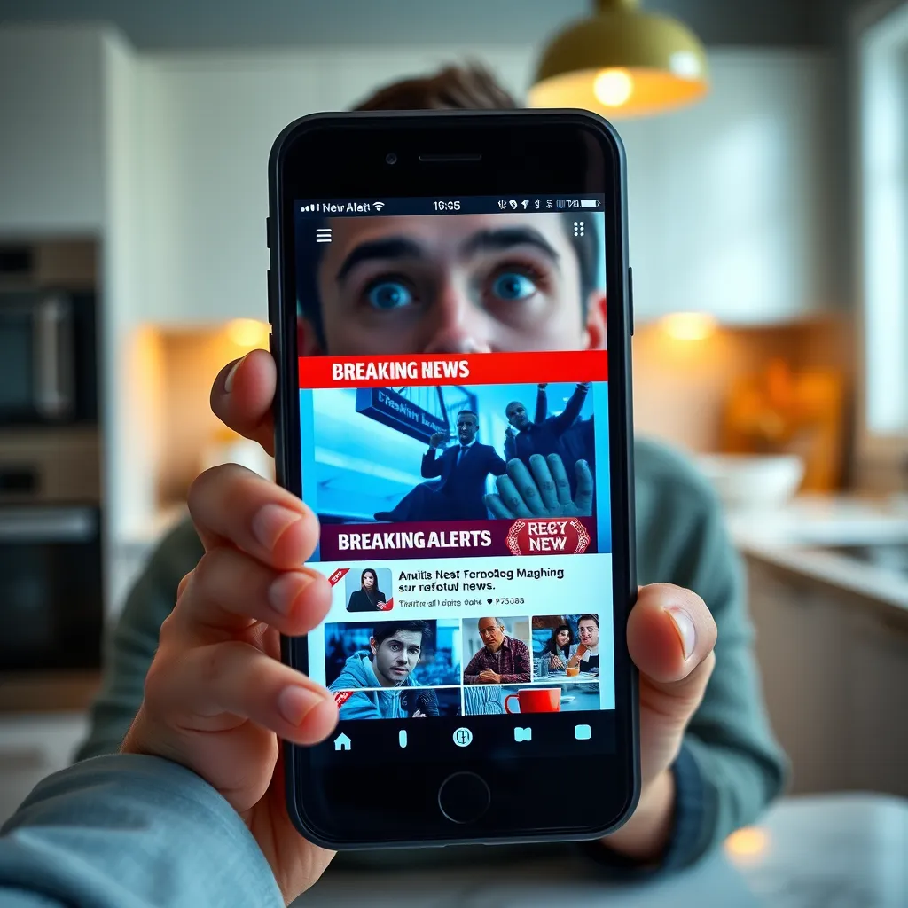 A smartphone screen displaying news alerts with visuals of a breaking news banner, surrounded by a person looking surprised while sipping coffee, set in a bright, modern kitchen, emphasizing immediacy and accessibility of news.