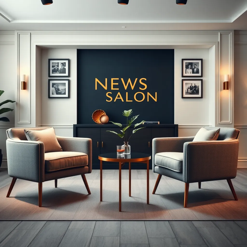 A sophisticated interview set with two comfortable chairs facing each other, separated by a small coffee table with a decorative plant and a glass of water. The lighting should be soft and diffused to create an intimate and focused mood. The color palette includes neutral tones with hints of deep blue and gold for a luxurious feel. The camera angle is a medium shot from a slightly elevated angle, making the scene appear inviting and professional. Textures and materials include the soft, plush fabric of the chairs, the sleek glass and metal of the table, and the natural green of the plant. Environmental elements include a tastefully decorated backdrop with framed pictures and subtle branding of NEWS SALON. The style is photorealistic, capturing every detail in ultra-high quality and 8K resolution.