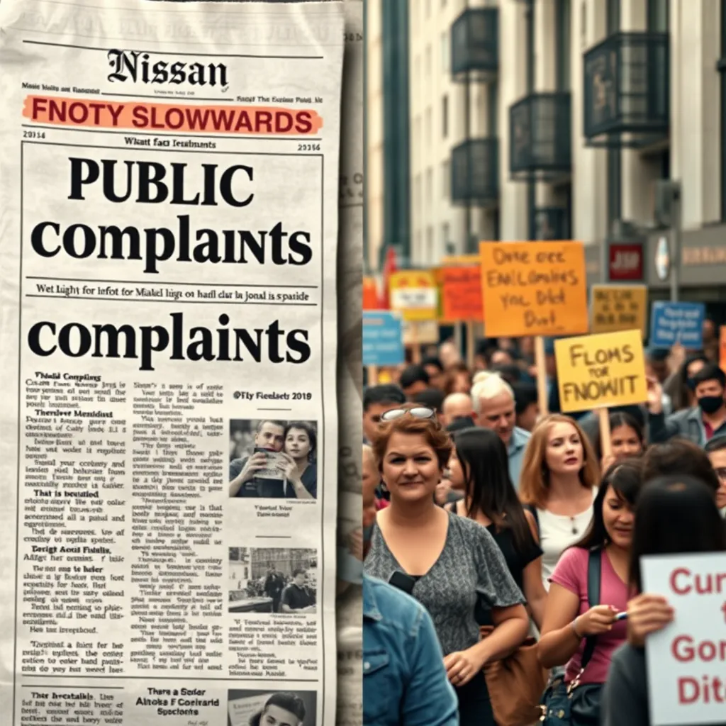 A split image depicting a newspaper article with bold headlines about public complaints on one side, and a crowded street with people expressing their frustrations through signs and conversations on the other. The background should be urban, capturing the essence of societal issues.