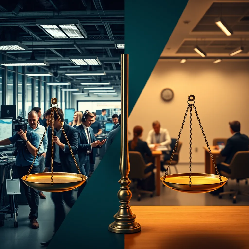 A split-image design showing contrasting scenes: one side depicts a fast-paced newsroom with journalists in a hurry, while the other shows a calm editorial meeting focused on ethical discussions. Representation of balanced scales symbolizing ethics in journalism.