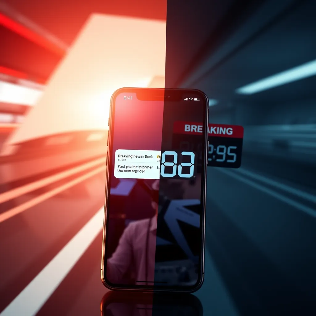 A split image showing a digital clock counting down, symbolizing urgency, alongside a smartphone displaying a breaking news notification; the background features abstract shapes representing speed and time, highlighting the importance of being timely in news consumption.