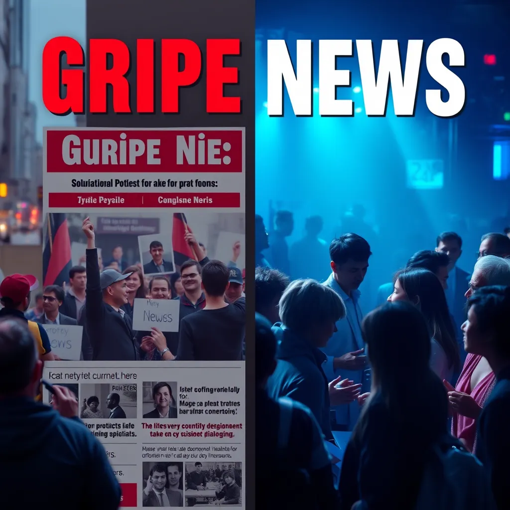 A split image showing one side with headlines of 'Gripe News' focusing on negative current events, like protests and complaints, and the other side depicting happy scenes of community events and positive news, with people engaged in dialogue.