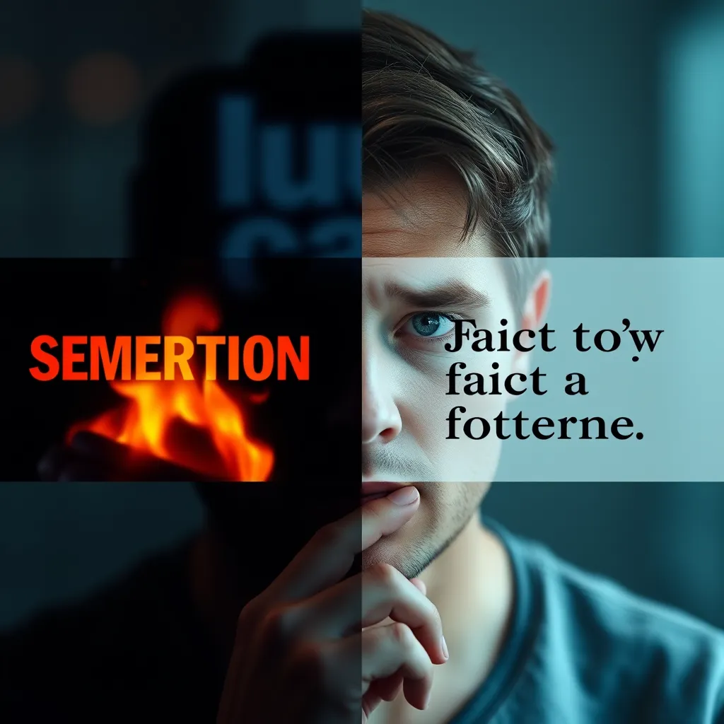A split image showing two news headlines: one sensational and emotive, the other factual and neutral. The background features a person reflecting on the contrasting headlines with a thoughtful expression. Emphasize the emotional pull of one article and the calmness of the other.