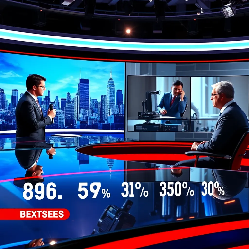 A split-screen layout showing a news anchor on one side reporting live and an expert engaged in a video interview on the other. Include visual elements like graphics highlighting key statistics and facts related to the breaking news topic.
